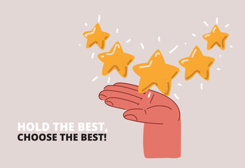 Cartoon vector illustration of a hand presenting five glowing stars, symbolizing recognition, perfection, and the highest achievement