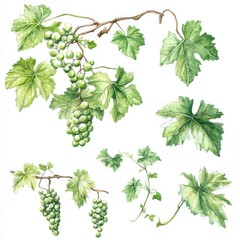 Artistic Vine Sketch: Watercolor Illustration of Green Grape Leaves on a Summer Branch