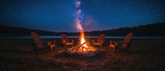 Campfire brightly burns amidst Adirondack chairs under a star-filled night sky, creating a peaceful scene.