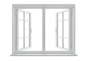 Open double hung window, white frame