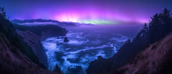 Coastal landscape presents breathtaking vista ocean waves meet cliffs under vibrant purple aurora borealis display.