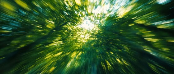Tree canopy creates radial blur effect as sun streams through foliage, conveying upward motion, energy.