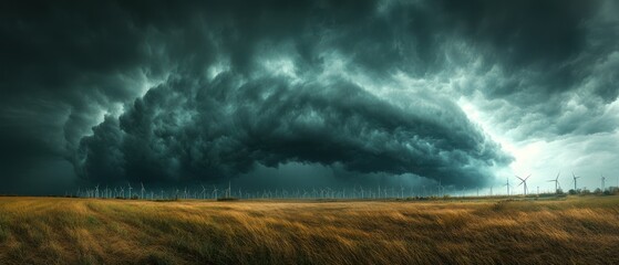 Storm cloud looms ominously over grassland field with wind turbines, signifying renewable energy source despite threatening weather.