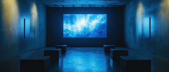 Video art projects bright blue visuals on screen, casting tranquil ambience over minimalist gallery space.