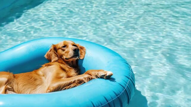 A relaxed dog enjoying a sunny day on a floating raft in a calm swimming pool.