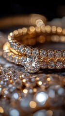 Close-up of elegant diamond rings.  Sparkling gold bands with a center diamond