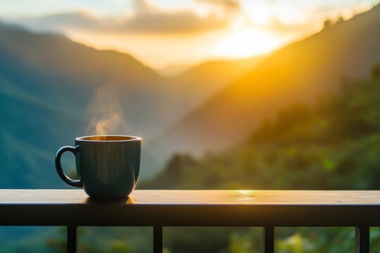 Steaming coffee mug with scenic mountain sunrise view