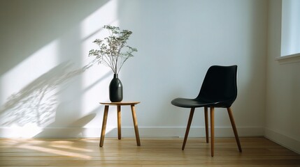 Minimalist Black Chair and Small Wooden Table in Corner Setting