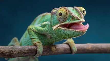 Veiled Chameleon with Big Eyes Perched on Branch in Detail