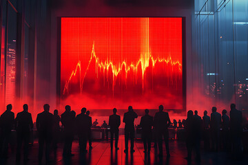 A dramatic stock market crash visualized in a meeting room, with an ominous red graph dominating the scene and the silhouette of business people watching.