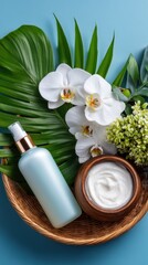 Pastel cosmetic bottle and cream jar arrangement in woven basket with white orchids and monstera leaves on light blue surface