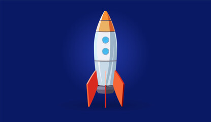 Fototapeta premium Cartoon rocket ship with a white and orange body standing upright against a deep blue background. Ideal for use in technology, startup, space exploration, or educational contexts.