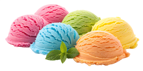 set bundle of vibrant ice cream scoops colorful isolated on white background,  PNG