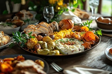 Passover Festive Table: Seder Plate Displaying Traditional Dishes for Family Celebration in 2021