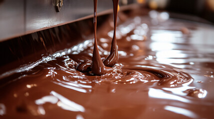 An industrial chocolate tempering machine with a shiny surface and flowing chocolate.