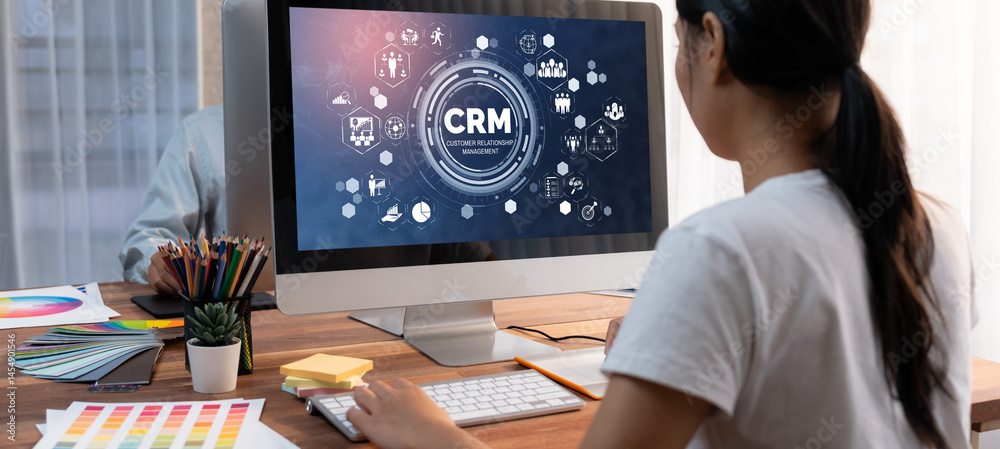 Poster customer relationship management system on brisk computer for crm business and enterprise