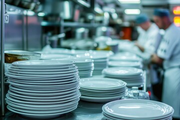 Stack of Pristine Plastic Dinnerware Ready for Culinary Prep in Ship's Kitchen on Ocean Cruise