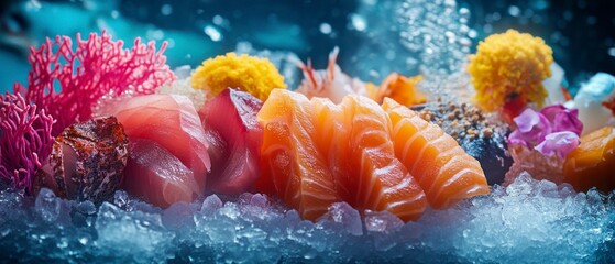 Fresh sashimi assortment beautifully presented on crushed ice includes raw salmon, tuna, decorated with edible flowers and coral, displaying culinary artistry.
