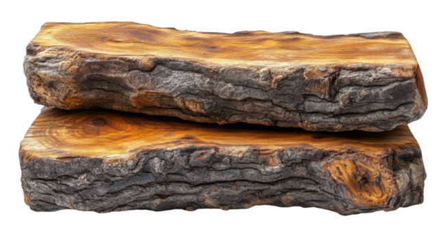 Wooden logs stacked in natural setting photography close-up view. Isolated on transparent background, png.