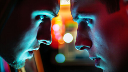 An intense face-off between two players at an arcade machine.