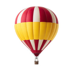 Colorful hot air balloon with red, yellow, and white stripes floats against clear background, showcasing its vibrant design and inviting sense of adventure