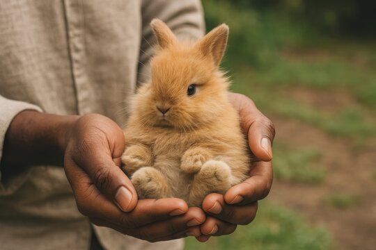 Person holding a cute baby bunny, farm concept