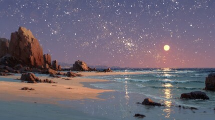 Starry night beach scene with rocks and waves. Sunrise/sunset over a tranquil shore