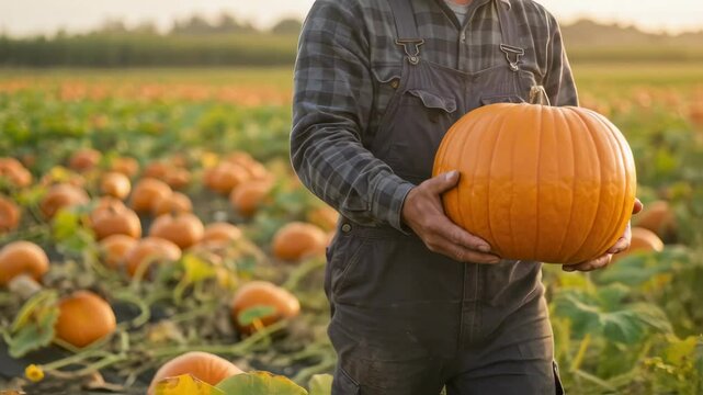 Man holding large pumpkin in autumn field. Farmer harvesting orange squash for Halloween, Thanksgiving. Fall agricultural crop in rural pumpkin patch