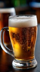 Refreshing light beer in a glass mug with bubbles and foam at a bar with another mug in the background.