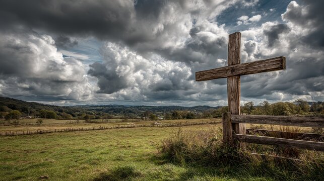 Wooden cross on countryside field under dramatic cloudy sky at sunset time.