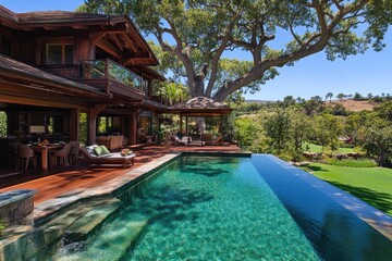 Fototapeta premium A luxurious wooden home features a pool, outdoor seating, and trees in a tranquil landscape