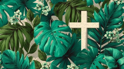Fototapeta premium Beige Christian cross surrounded by green tropical leaves and white flowers.