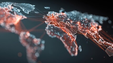 Digital world map with glowing data points and network lines across continents.