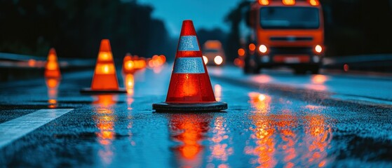 Traffic cones reflect on wet asphalt road surface, indicating roadwork ahead during rainy nighttime conditions.