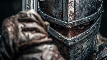 Medieval knight in battle-worn armor holding sword with intense gaze close-up.