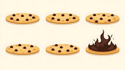 Illustration of Chocolate Chip Cookies in Various Baking Stages—Soft to Burnt