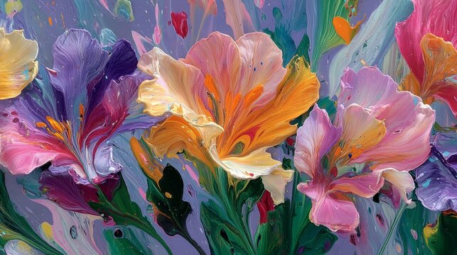 Vibrant abstract flowers in expressive oil brush strokes on purple background.