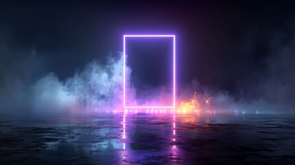 Neon rectangle with glowing smoke and fire effects in dark futuristic scene.