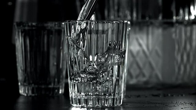 Vodka is poured into a glass. Filmed on a high-speed camera at 1000 fps. High quality FullHD footage