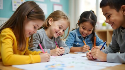 Happy Children Working on School Projects with Excitement