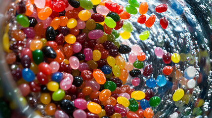 An overhead view of colorful jelly beans being mixed in a rotating vat.