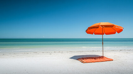 An umbrella and towel setup on an empty stretch of beach under clear skies.