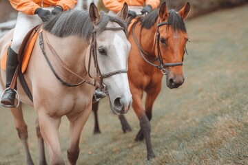 Obraz premium Horses Walking in a Quiet Paddock With Riders Dressed in Bright Gear During Overcast Weather