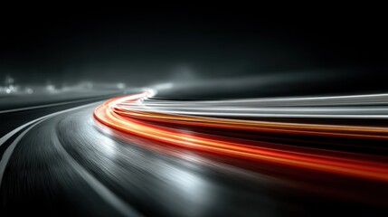 Nighttime racing track with light trails.  Blurred motion of vehicles turning a curve.  Intense speed and dynamic movement.  Dark background and glowing light streaks