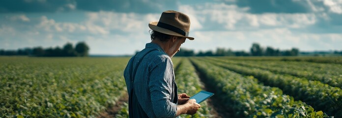 A senior farmer in a sterilised uniform is seen wandering about the farm while clutching a tablet.