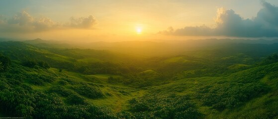 Obraz premium Sunrise bathes rolling green hills in golden light, creating peaceful atmosphere with soft clouds.