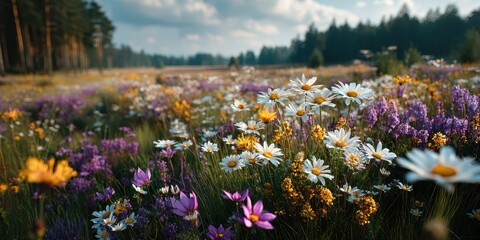 Vibrant wildflower meadow in mid-summer showcasing diverse blooms under a partly cloudy sky