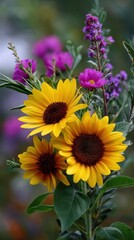 Obraz premium A vibrant floral arrangement showcases golden sunflowers alongside contrasting purple aster flowers, offering a striking visual display.