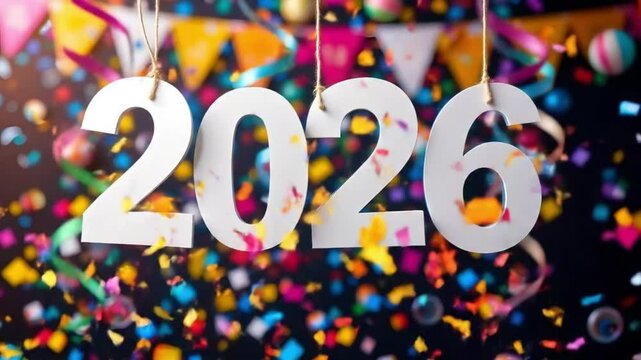 Festive New Year 2026 Celebration with Confetti and Streamers