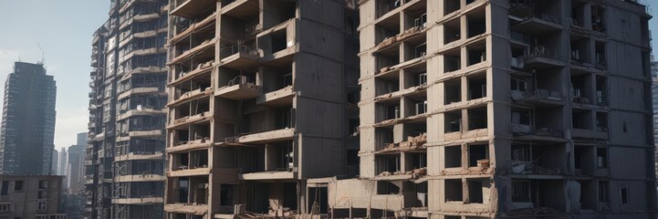 High-rise apartment building under construction ,  steel,  excavator
